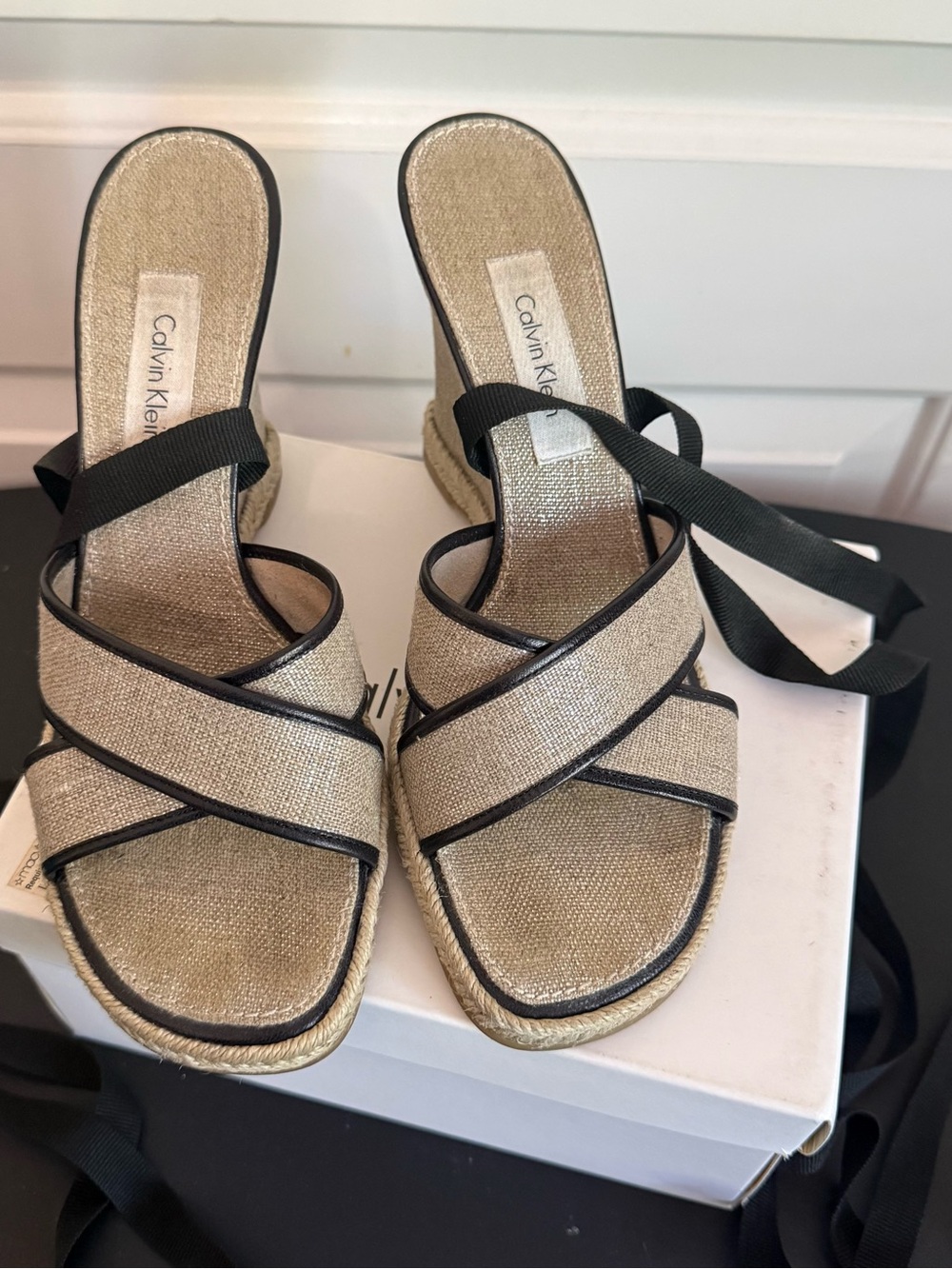 Calvin Klein Natural and Black Espadrille Slide Sandals